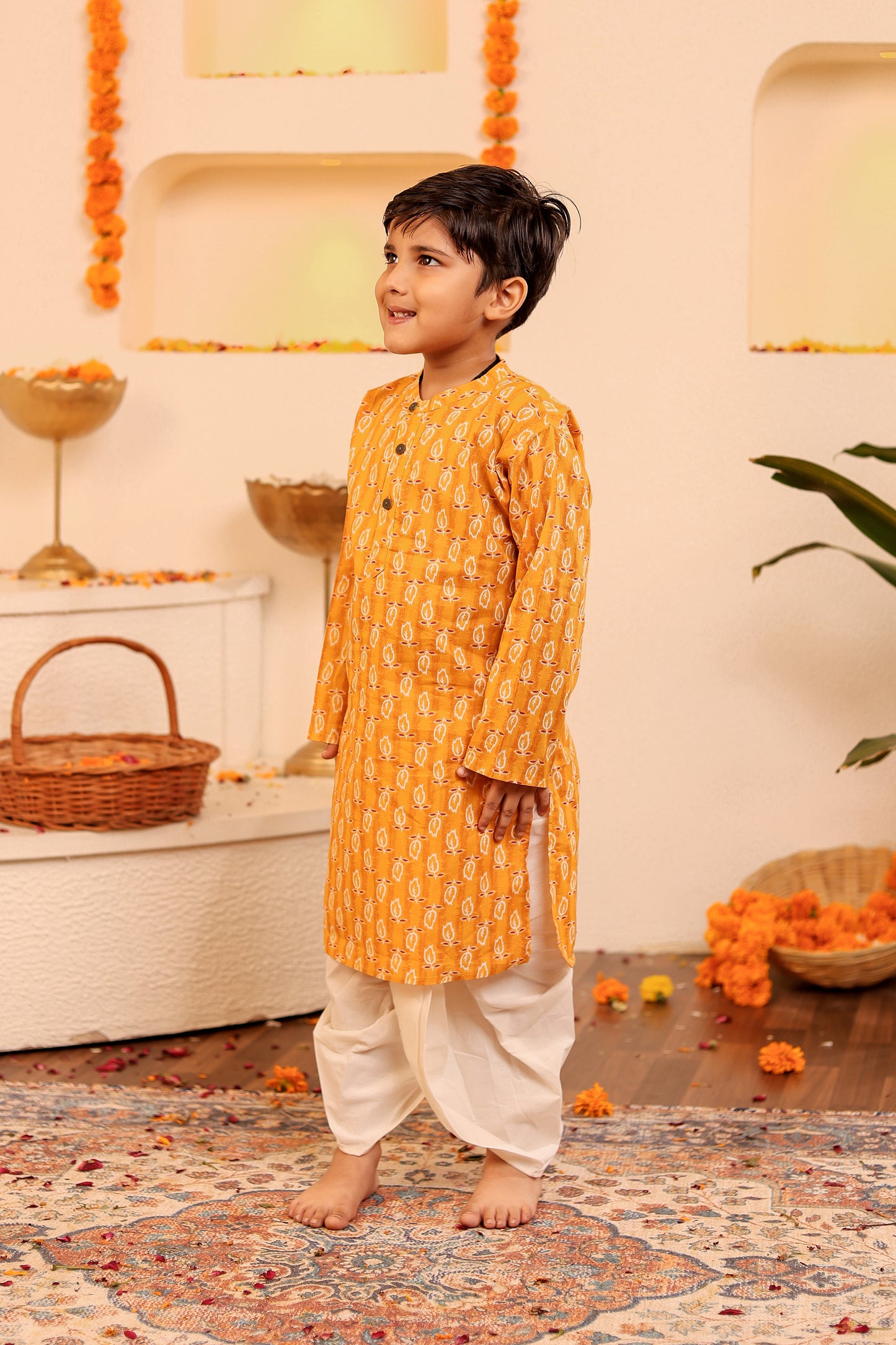Boys Vibrant Orangish-Yellow Kurta Dhoti/Pyjama with Red White Motif (0-8 Years)