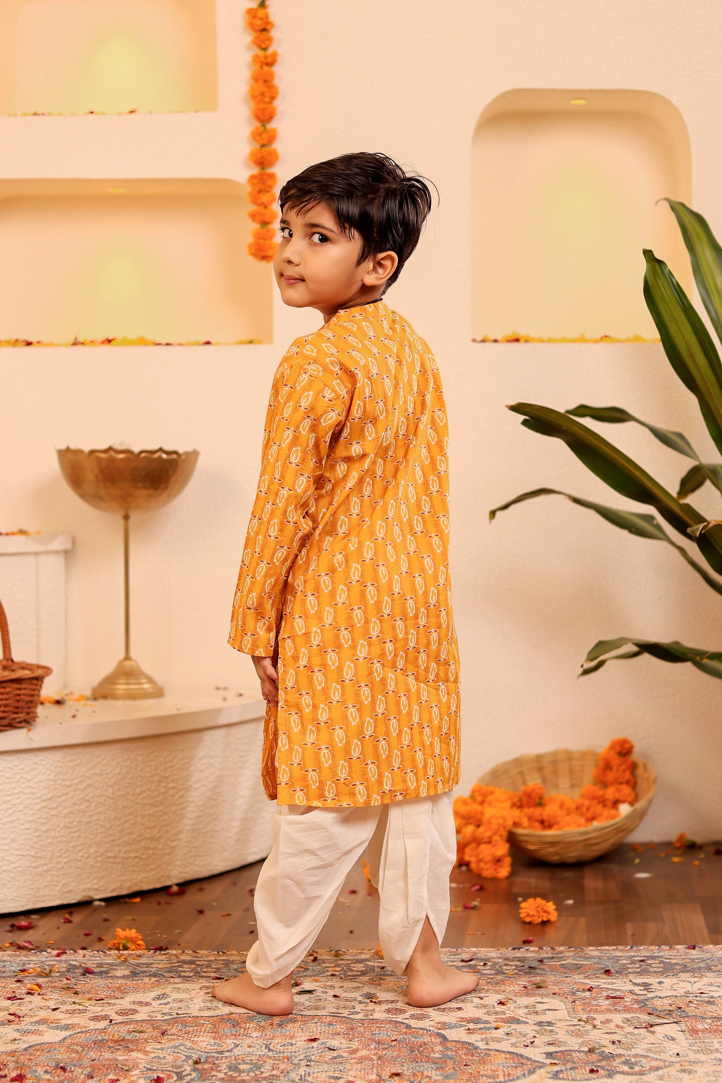 Boys Vibrant Orangish-Yellow Kurta Dhoti/Pyjama with Red White Motif (0-8 Years)