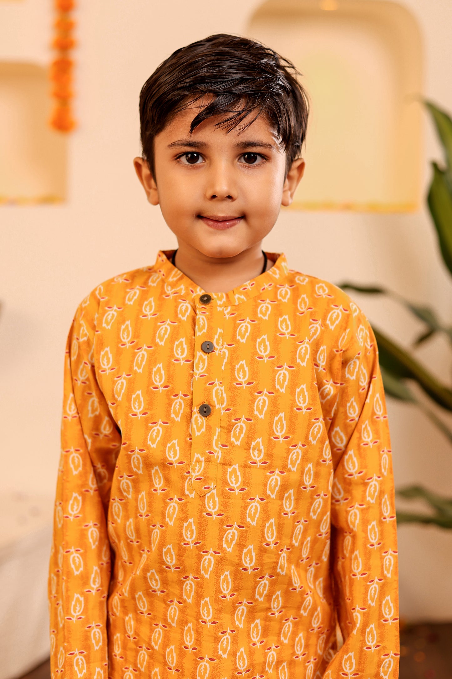 Boys Vibrant Orangish-Yellow Kurta Dhoti/Pyjama with Red White Motif (0-8 Years)
