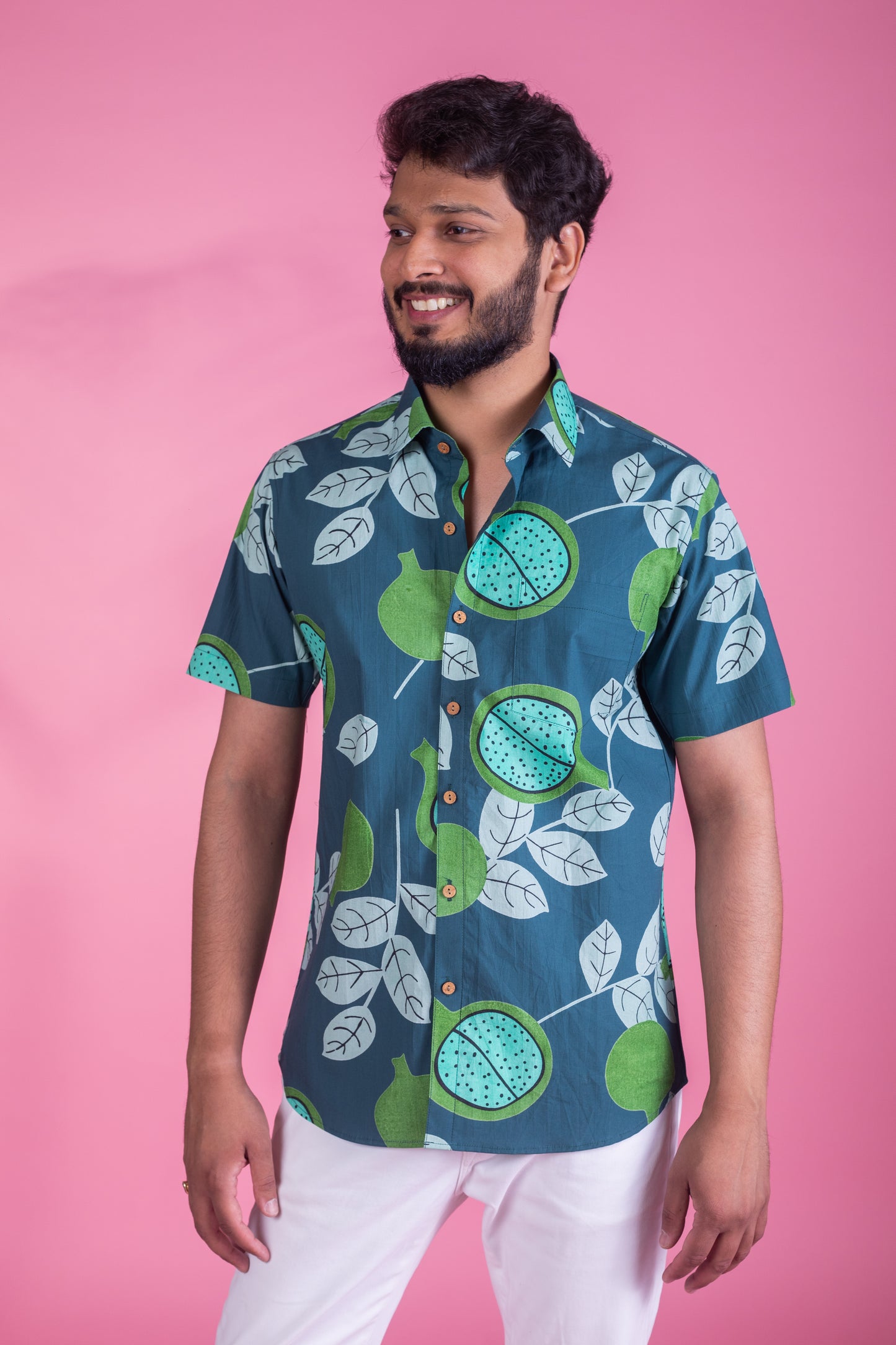 100% Cotton Shirt in Kiwi Print for Men | Shreeyas Cottons