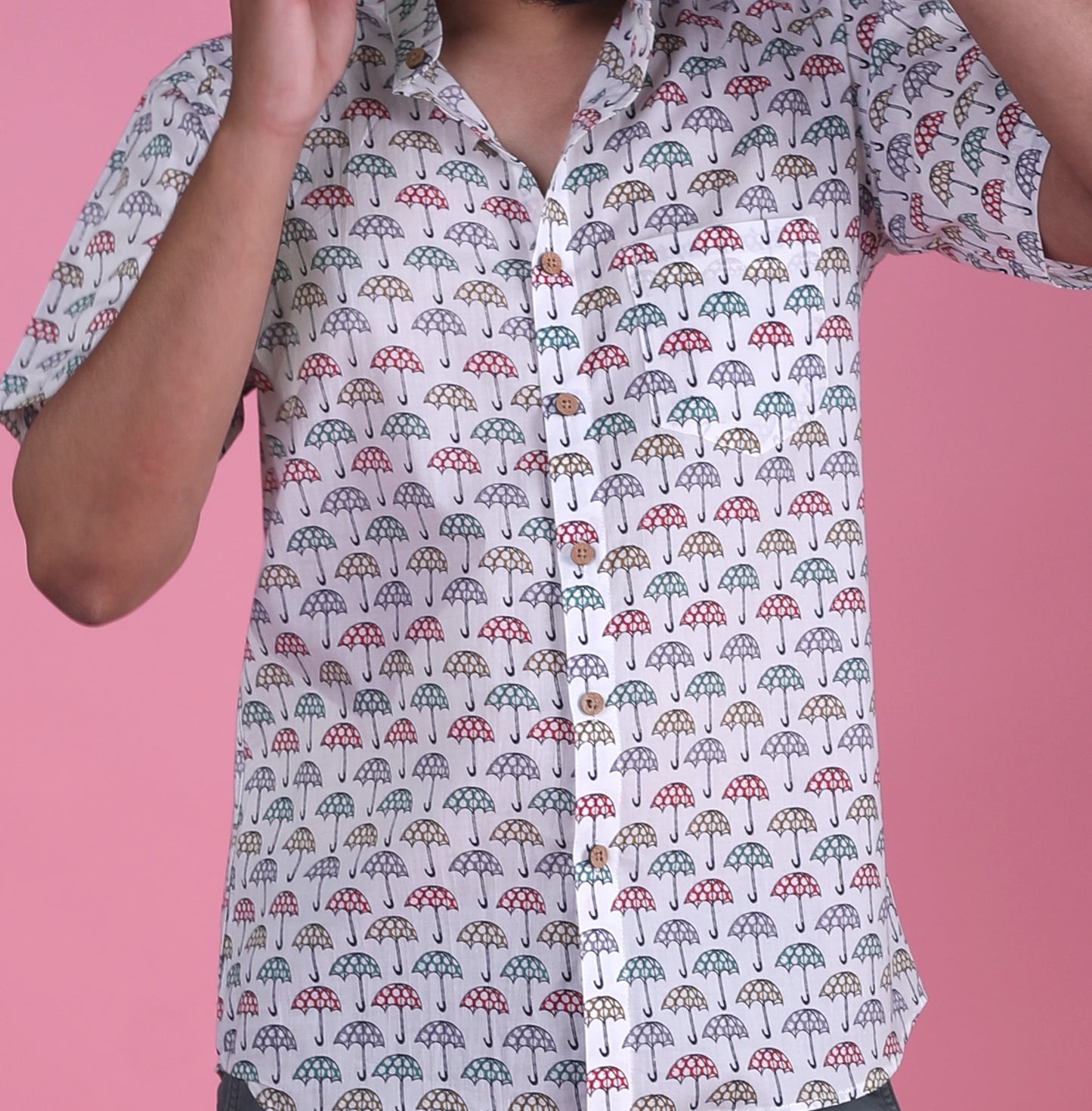 100% Cotton Shirt in Umbrella Print for Men | Shreeyas Cottons