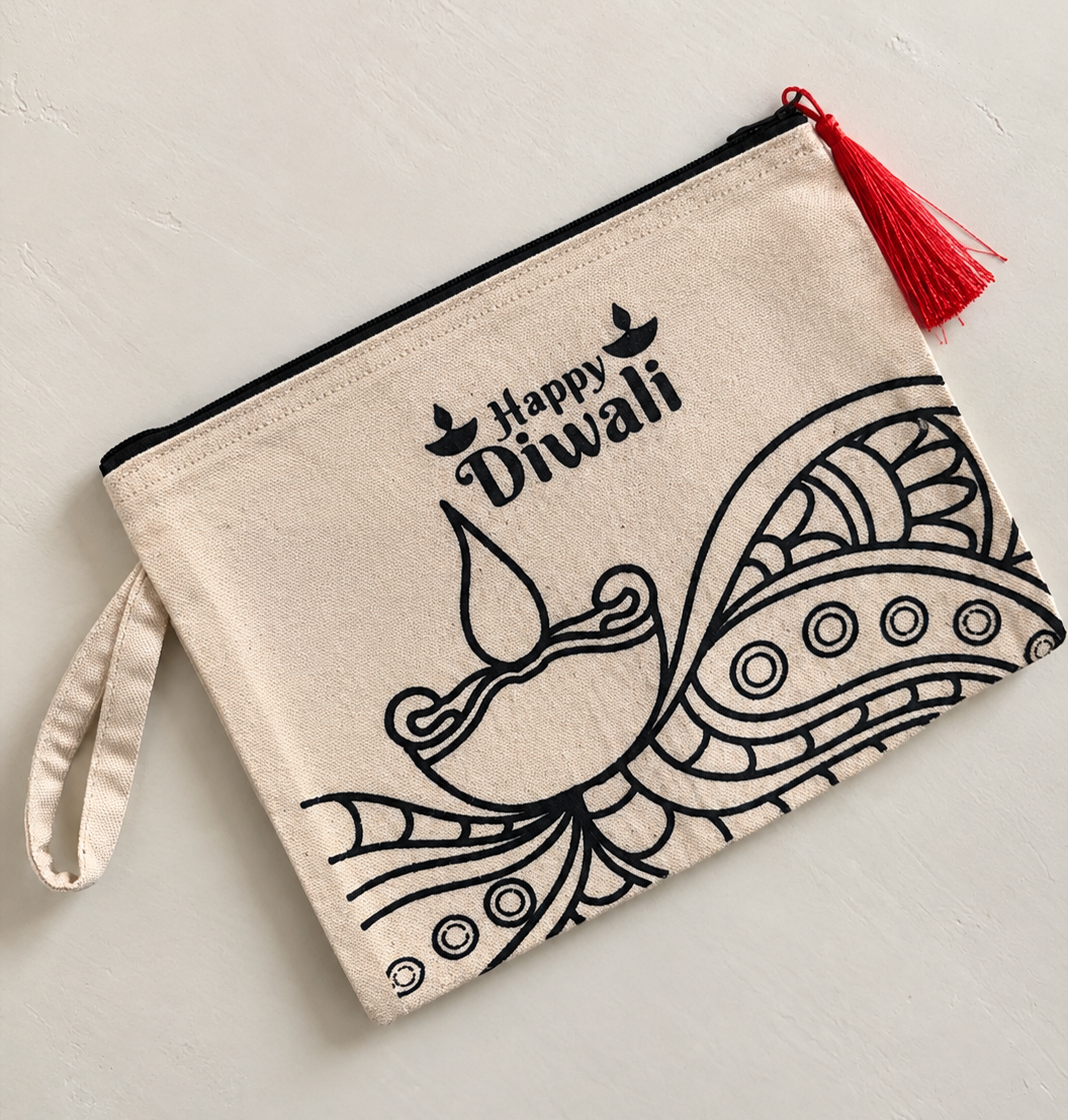 Diwali Canvas Zipper Pouch | Premarked Colouring Pouch - Pack of 5/10