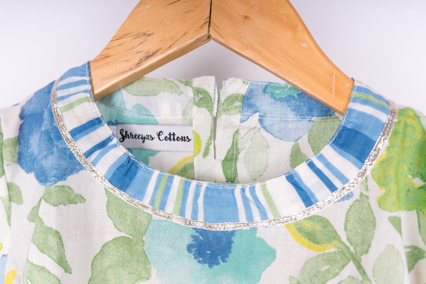 Girls Blue floral Cotton Pleated Dress