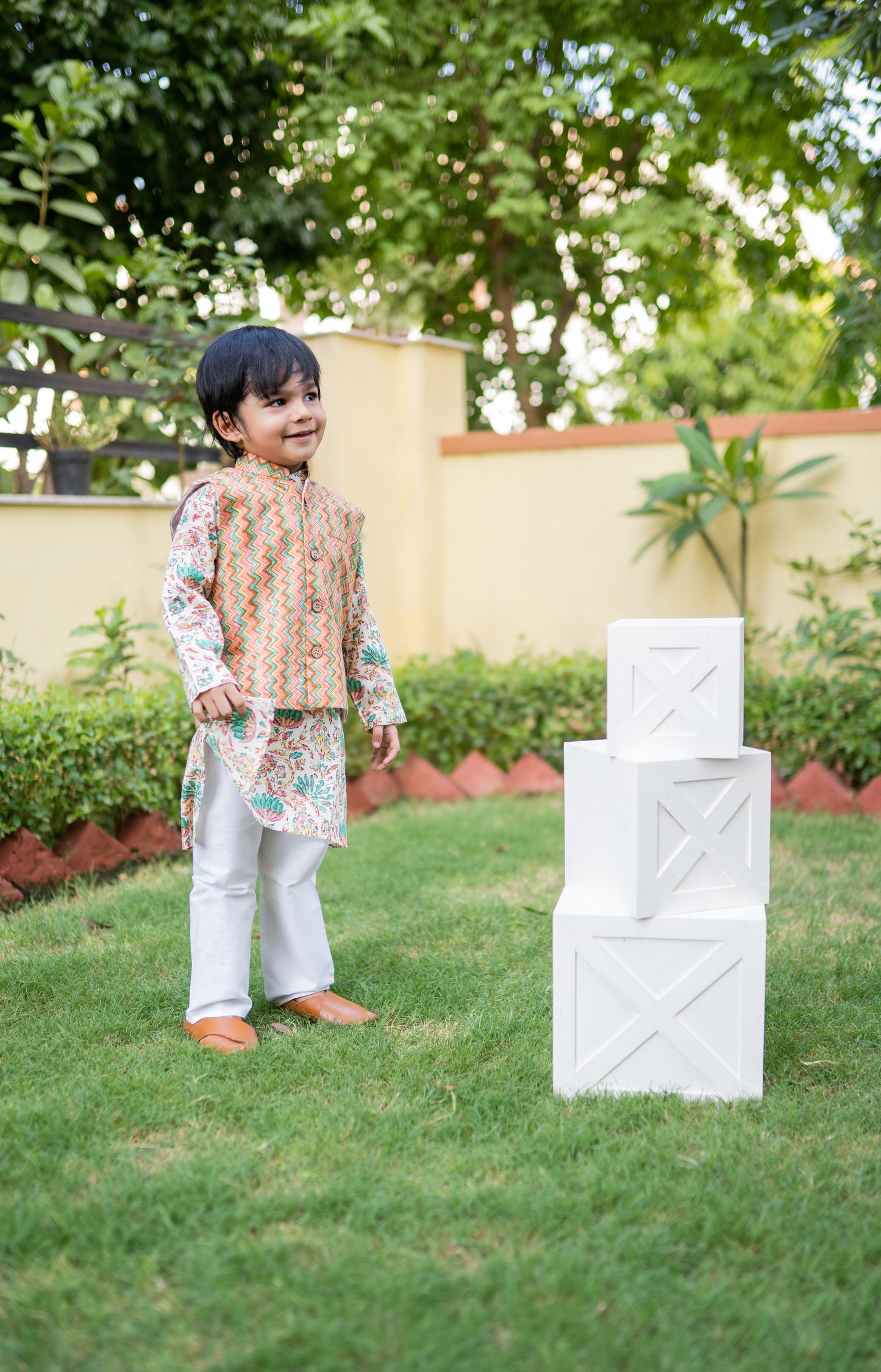 Boys Zigzag kurta with floral print jacket and pyzama - 3pc set, 100% cotton