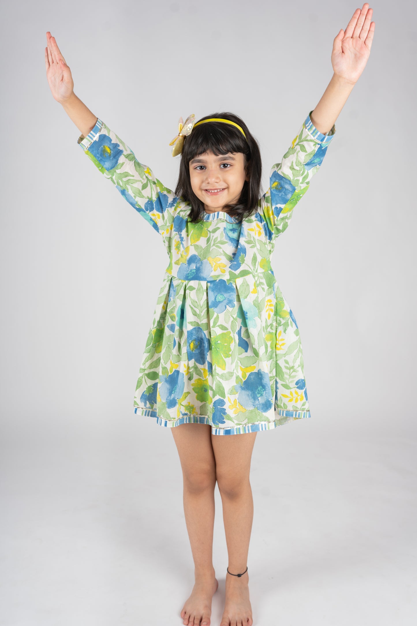 Girls Blue floral Cotton Pleated Dress