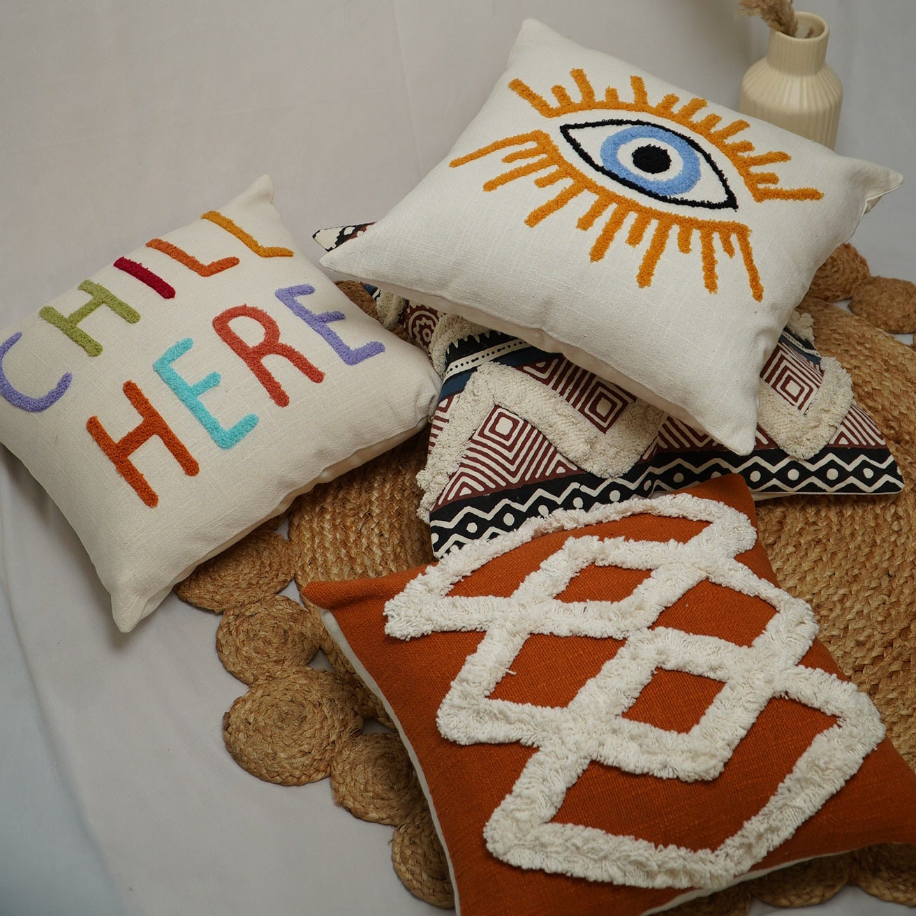 Rust Cushion Cover with white embroidery