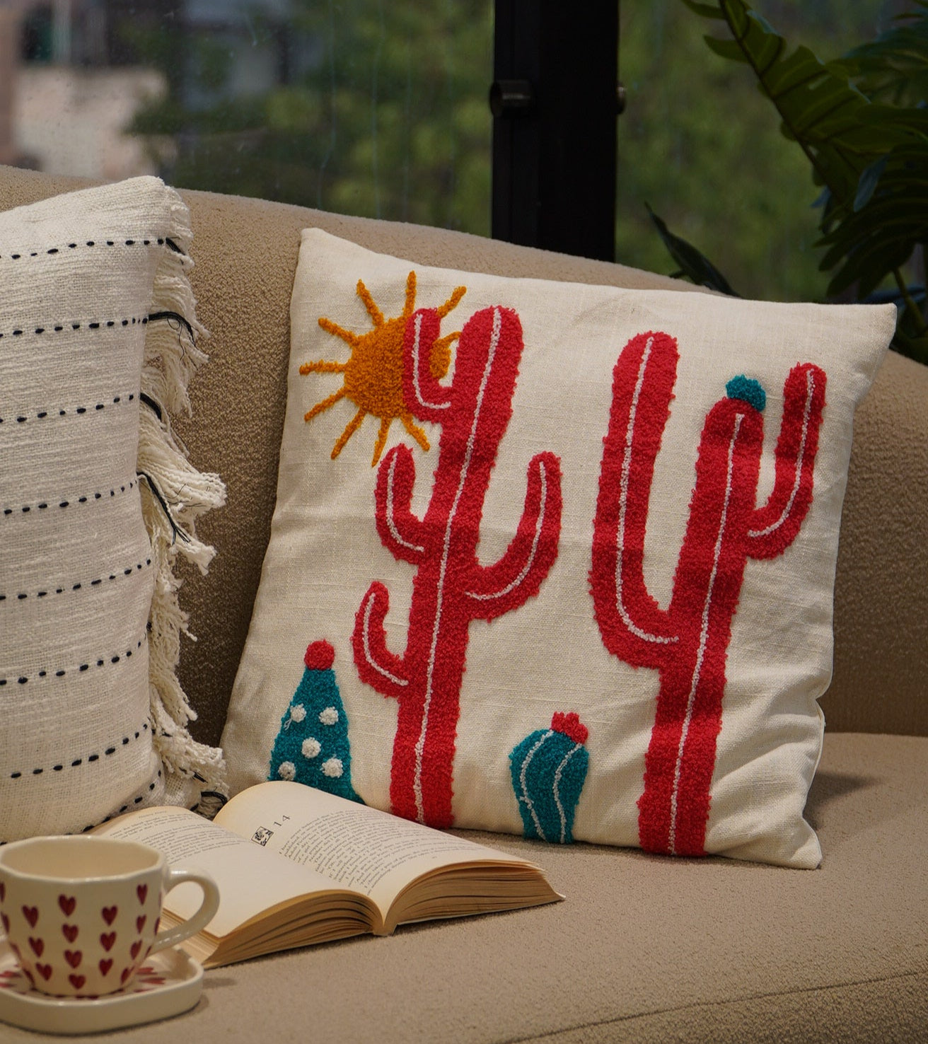 Cactus Bloom – Red Embroidered Cushion Cover