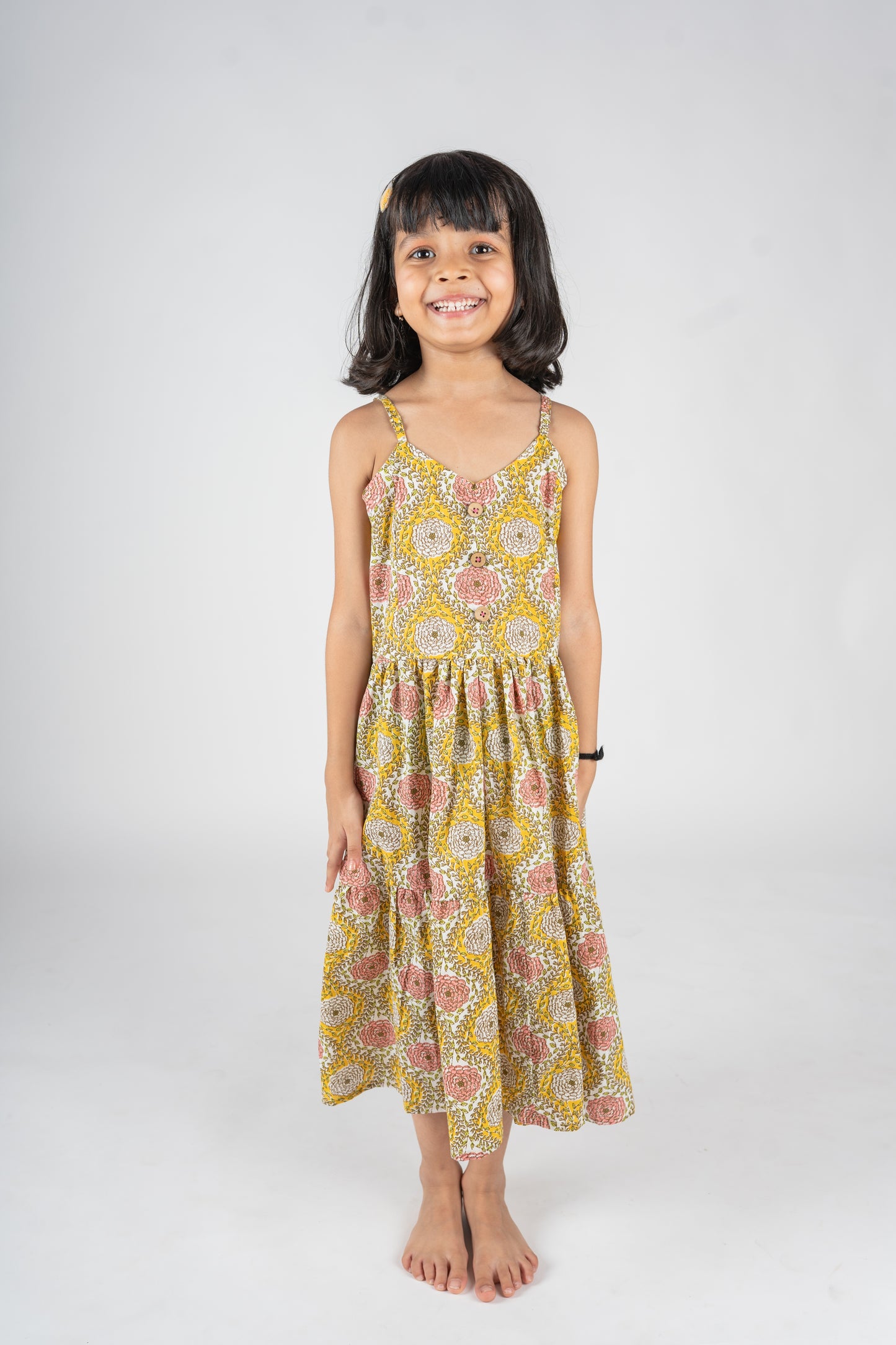 Girls Calf Length Spaghetti Dress - Blue / Yellow