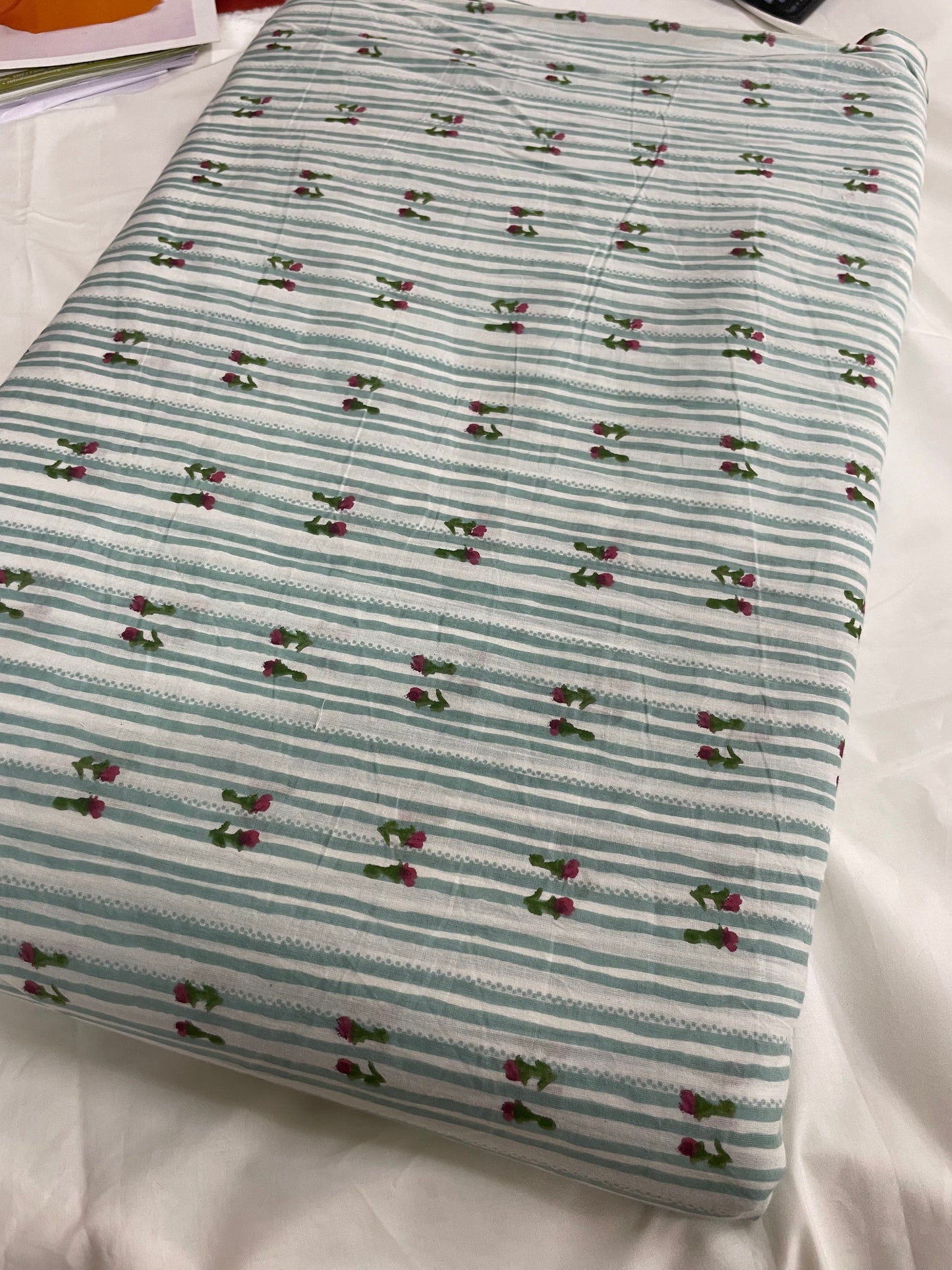 Blue lines with Rose Block Print Cotton Fabric