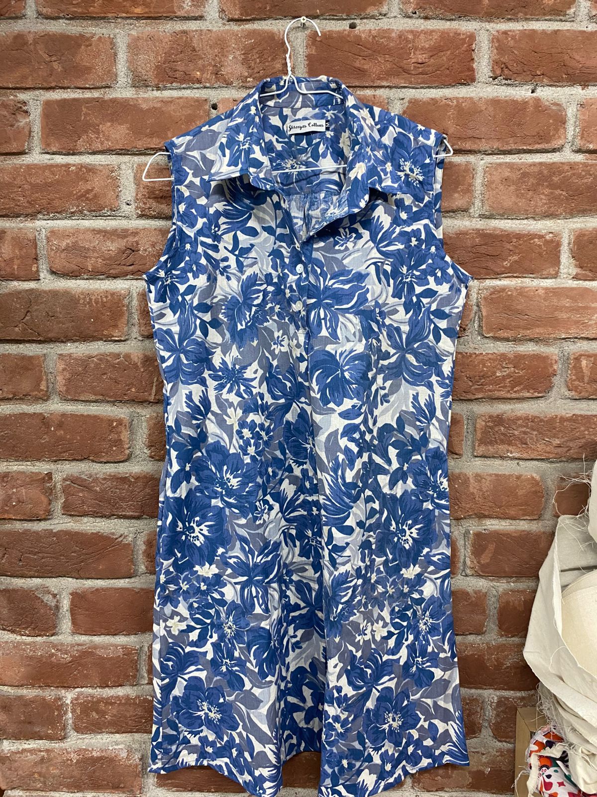 Blue Floral A-Line Cotton Dress for Women | Sleeveless Summer Dress