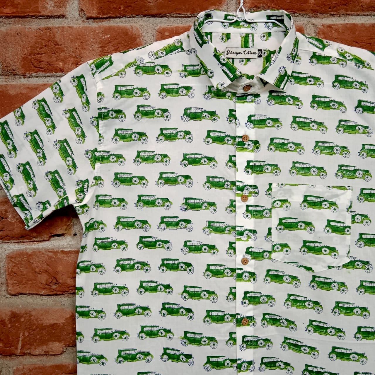100% Cotton Green Car Print Half Sleeves Shirts for Men & Boys (Size 0-46)