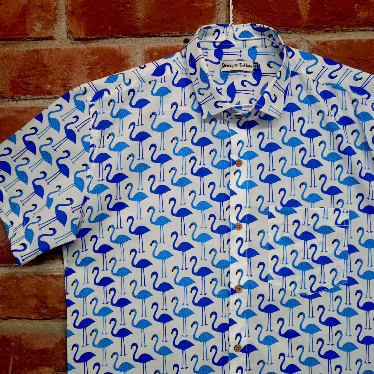 100% Cotton Blue Flamingo Print Half Sleeves Shirts for Men & Boys (Size 0-46)