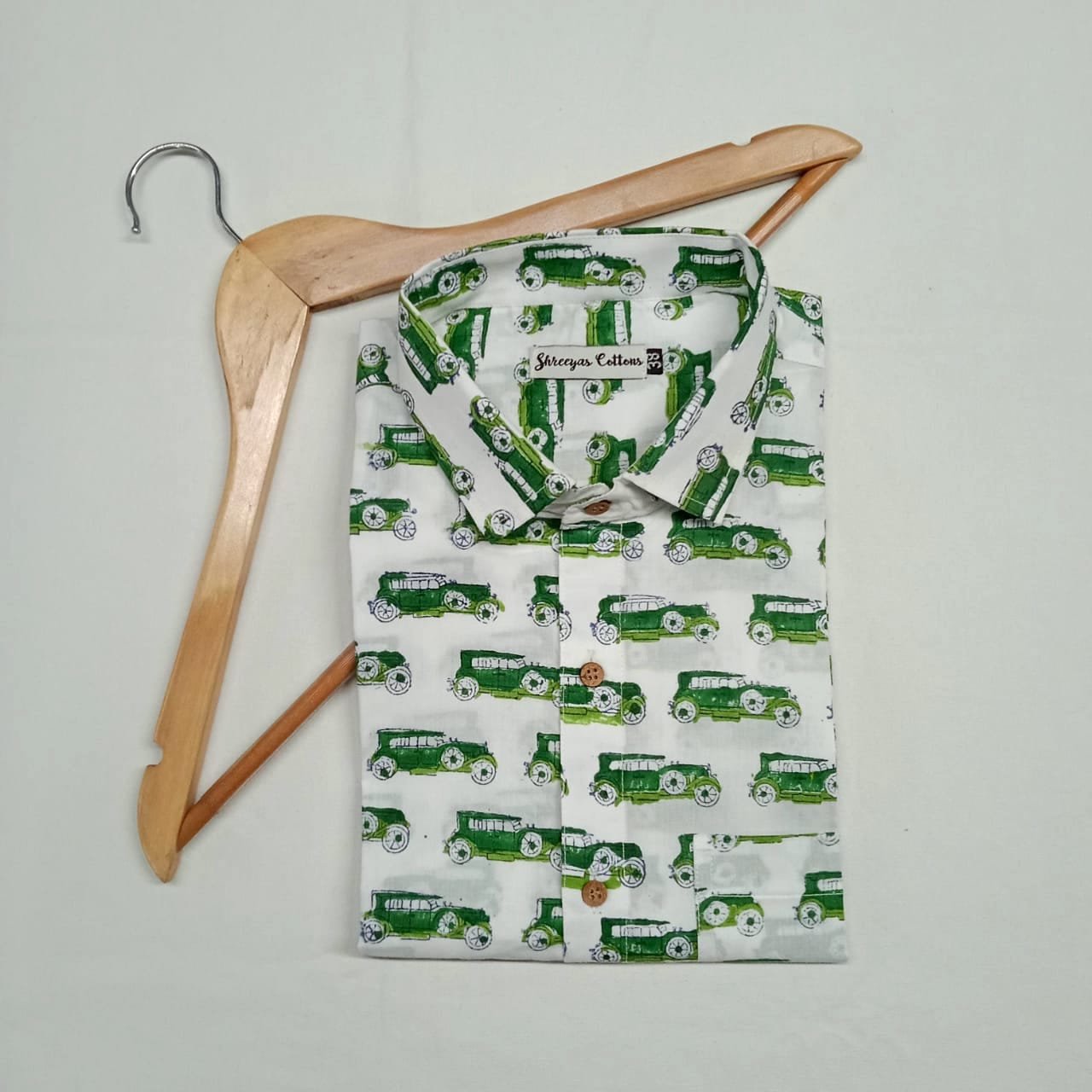 100% Cotton Green Car Print Half Sleeves Shirts for Men & Boys (Size 0-46)