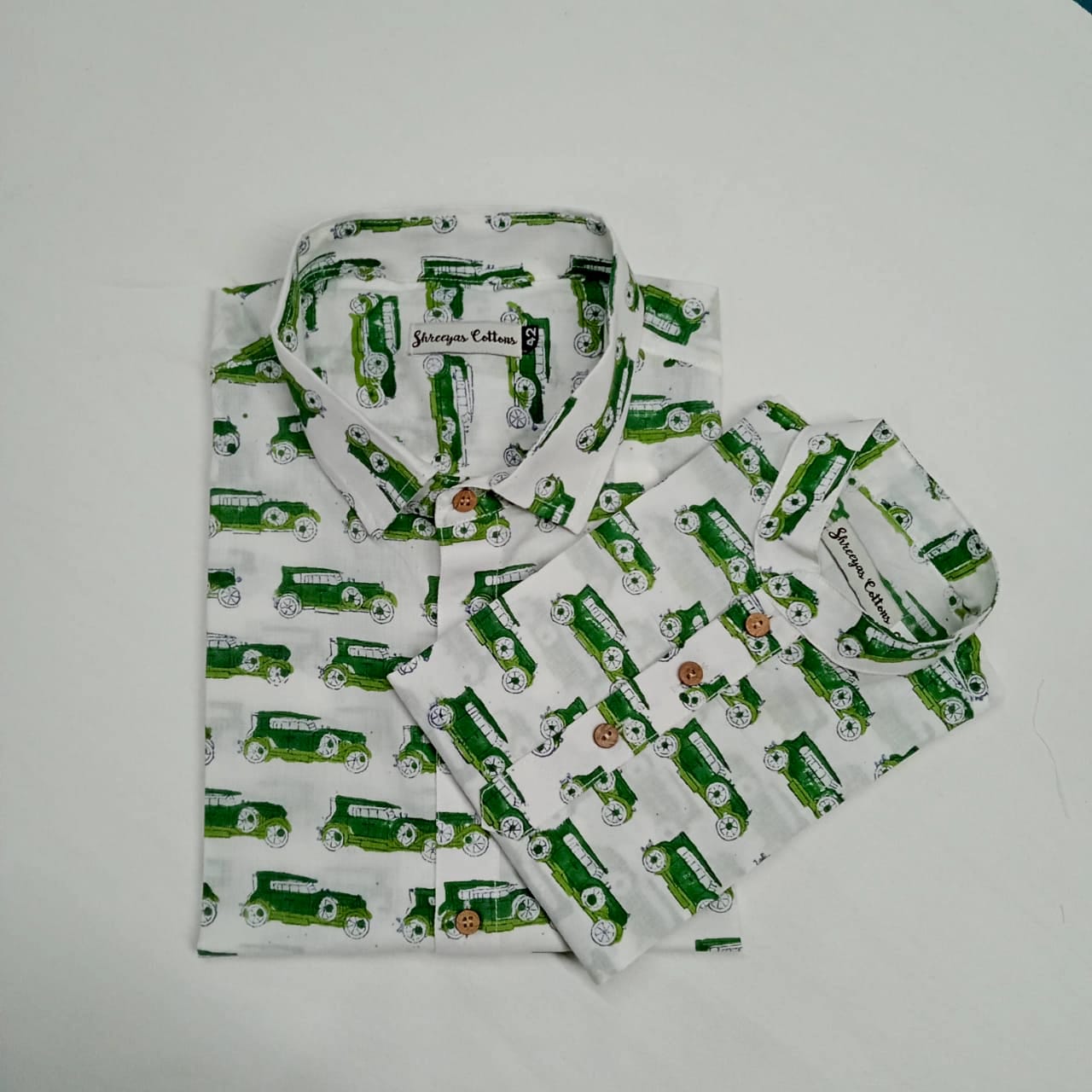 100% Cotton Green Car Print Half Sleeves Shirts for Men & Boys (Size 0-46)