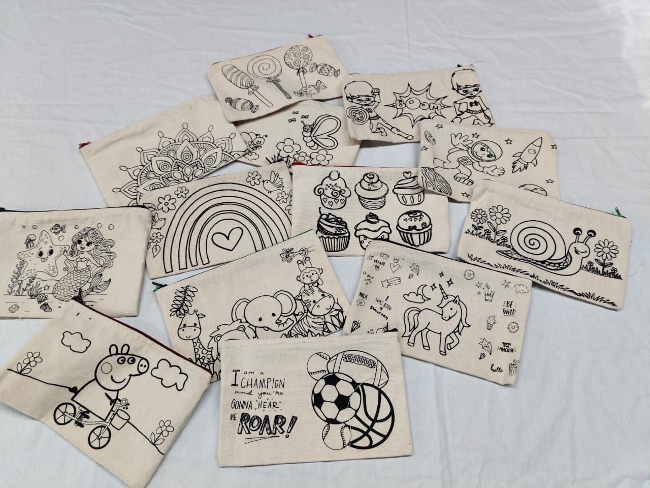 Cotton Canvas Zipper Pouches Pre-marked - ASSORTED PRINTS - Pack of 6/12