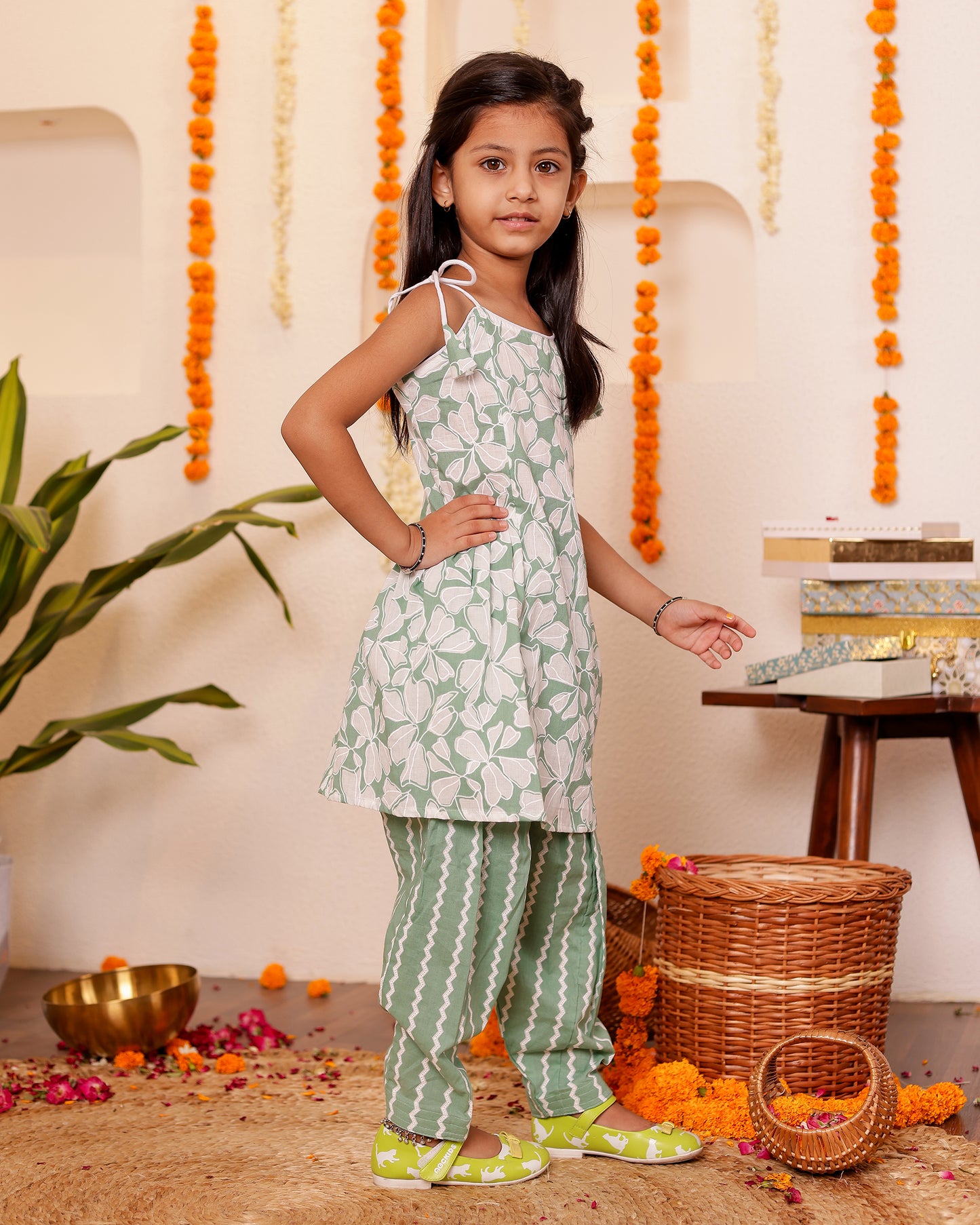 Girls Pretty Floral Spaghetti Kurta with Semi Patiala Pant - Green / Yellow / Aqua