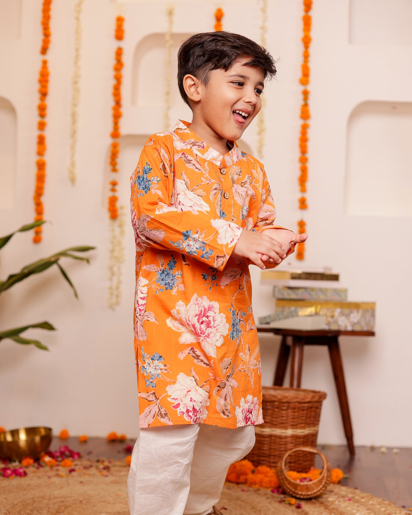 Utsav Orange Floral Kurta set for Boys