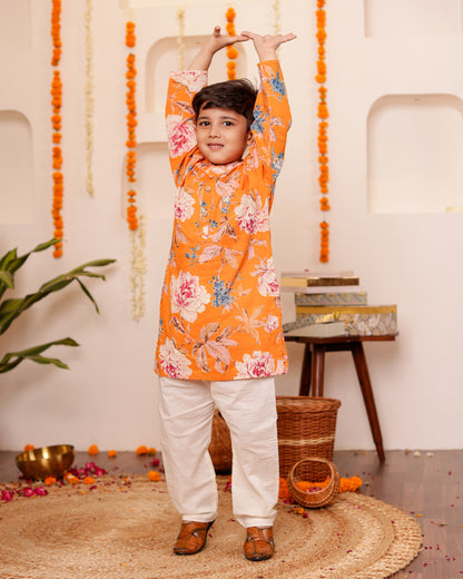 Utsav Orange Floral Kurta set for Boys