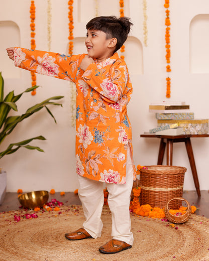 Utsav Orange Floral Kurta set for Boys