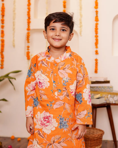 Utsav Orange Floral Kurta set for Boys