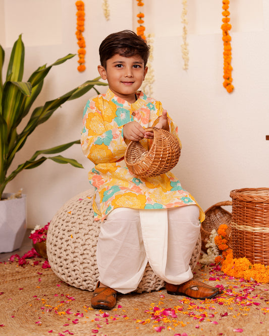 Boys Floral Cotton Kurta Pyzama - Yellow / Aqua