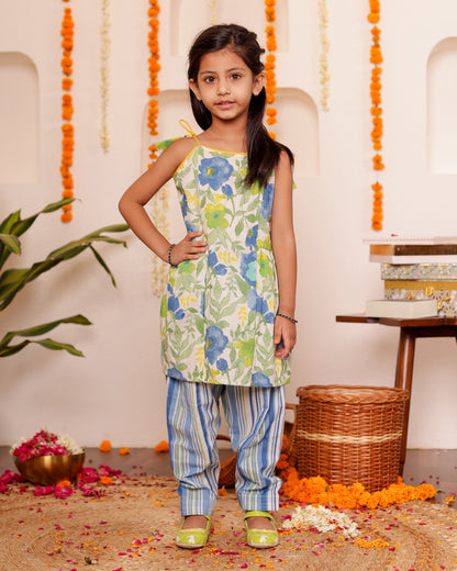 Girls Pretty Floral Spaghetti Kurta with Semi Patiala Pant - Green / Yellow / Aqua