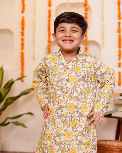 Khushaali Yellow Floral Kurta Dhoti/Pyzama Set for Boys