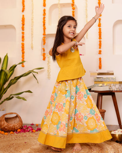 Girls Cotton Floral Lehenga / Skirt with a Bright Plain Peplum Top