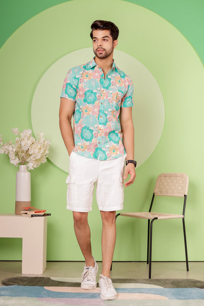 Everyday Comfort with our Aqua Floral Half sleeves shirt for Men