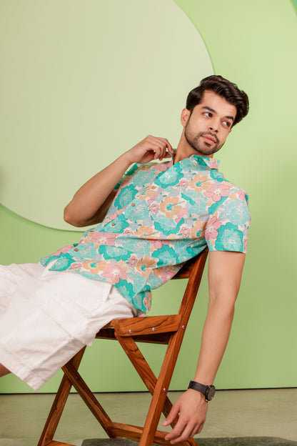 Everyday Comfort with our Aqua Floral Half sleeves shirt for Men