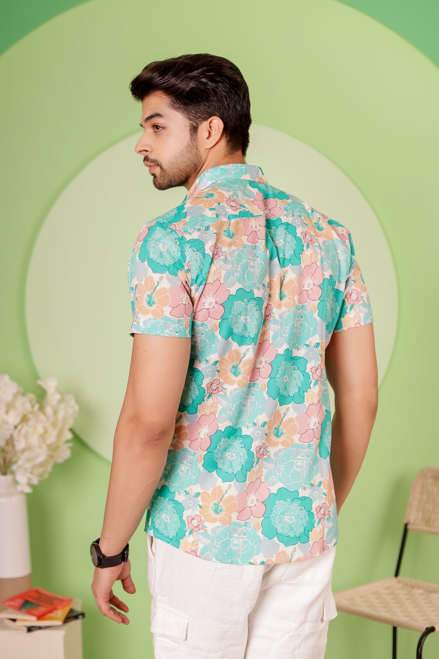 Everyday Comfort with our Aqua Floral Half sleeves shirt for Men