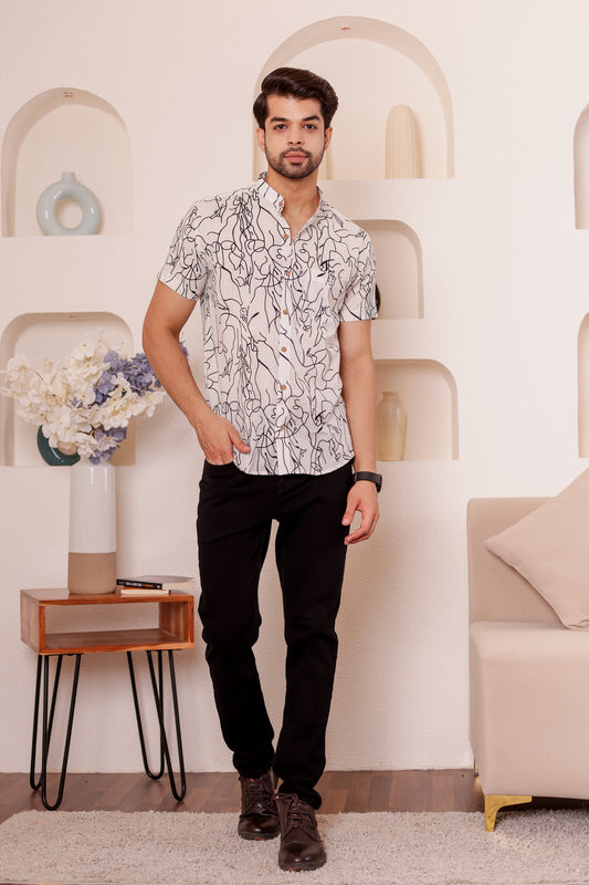 100% cotton Half Sleeve Shirt for Men with Black & White Abstract Print