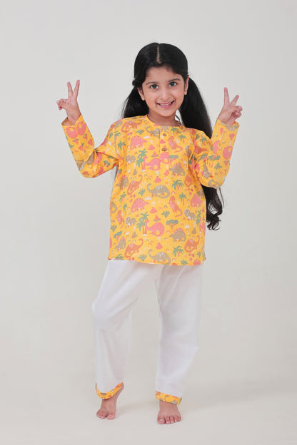 Shreeyas Cottons 100% Cotton Kids Nightwear | Yellow Dinosaur Print