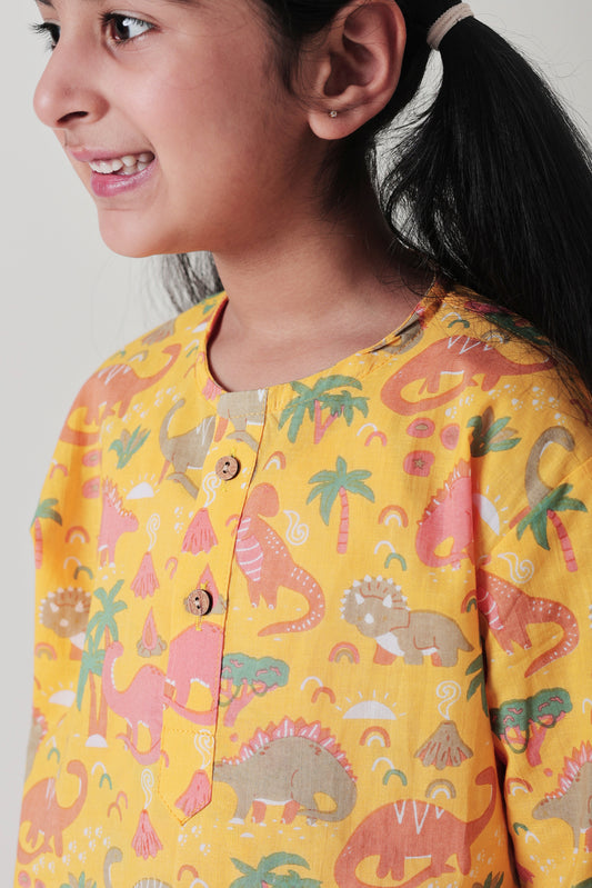 Shreeyas Cottons 100% Cotton Kids Nightwear | Yellow Dinosaur Print