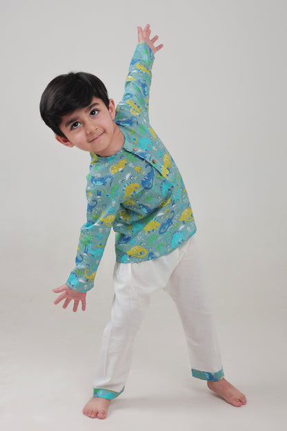 Shreeyas Cottons 100% Cotton Kids Nightwear | Blue Dinosaur Print