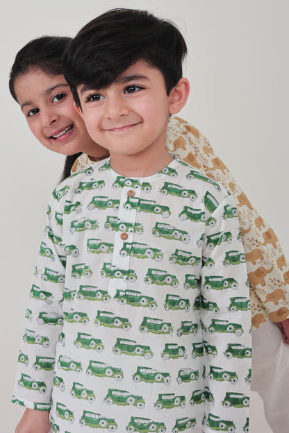 Shreeyas Cottons 100% Cotton Kids Nightwear | Green Tractor Print