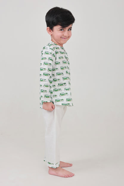 Shreeyas Cottons 100% Cotton Kids Nightwear | Green Tractor Print