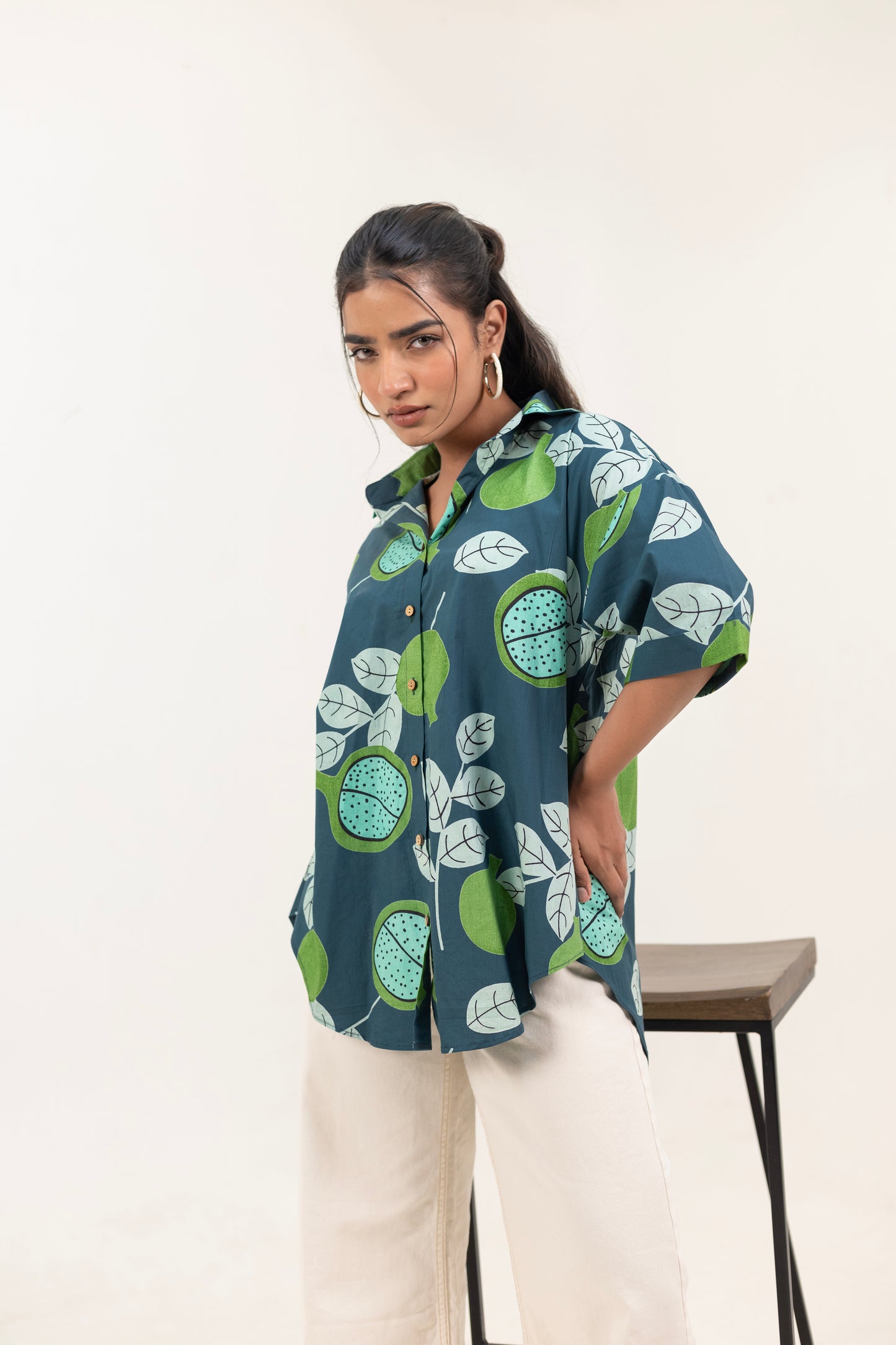 Shreeyas Cottons Oversized Cotton Shirt – Tropical Kiwi Charm