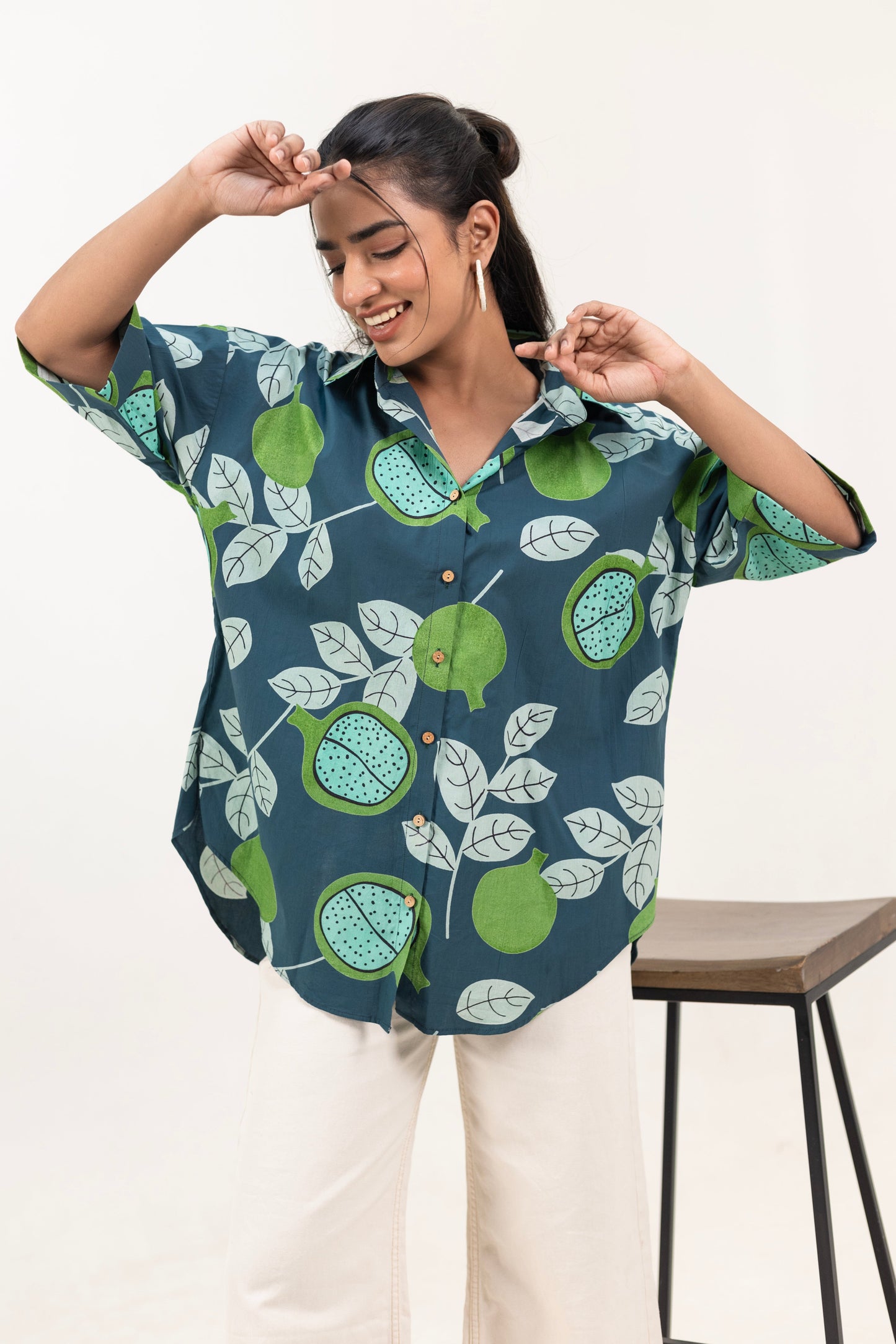 Shreeyas Cottons Oversized Cotton Shirt – Tropical Kiwi Charm