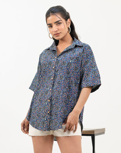 Shreeyas Cottons Oversized Shirt in Indigo Ajrakh Kantha