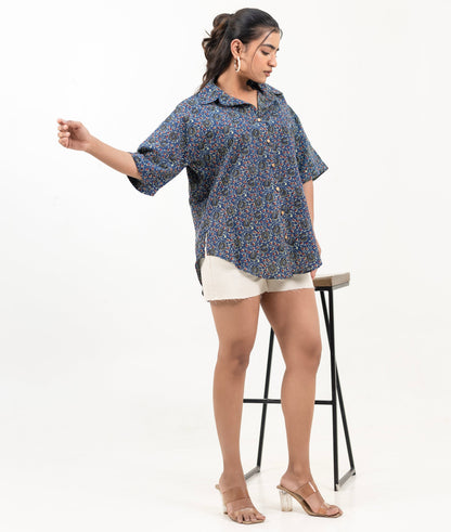 Shreeyas Cottons Oversized Shirt in Indigo Ajrakh Kantha