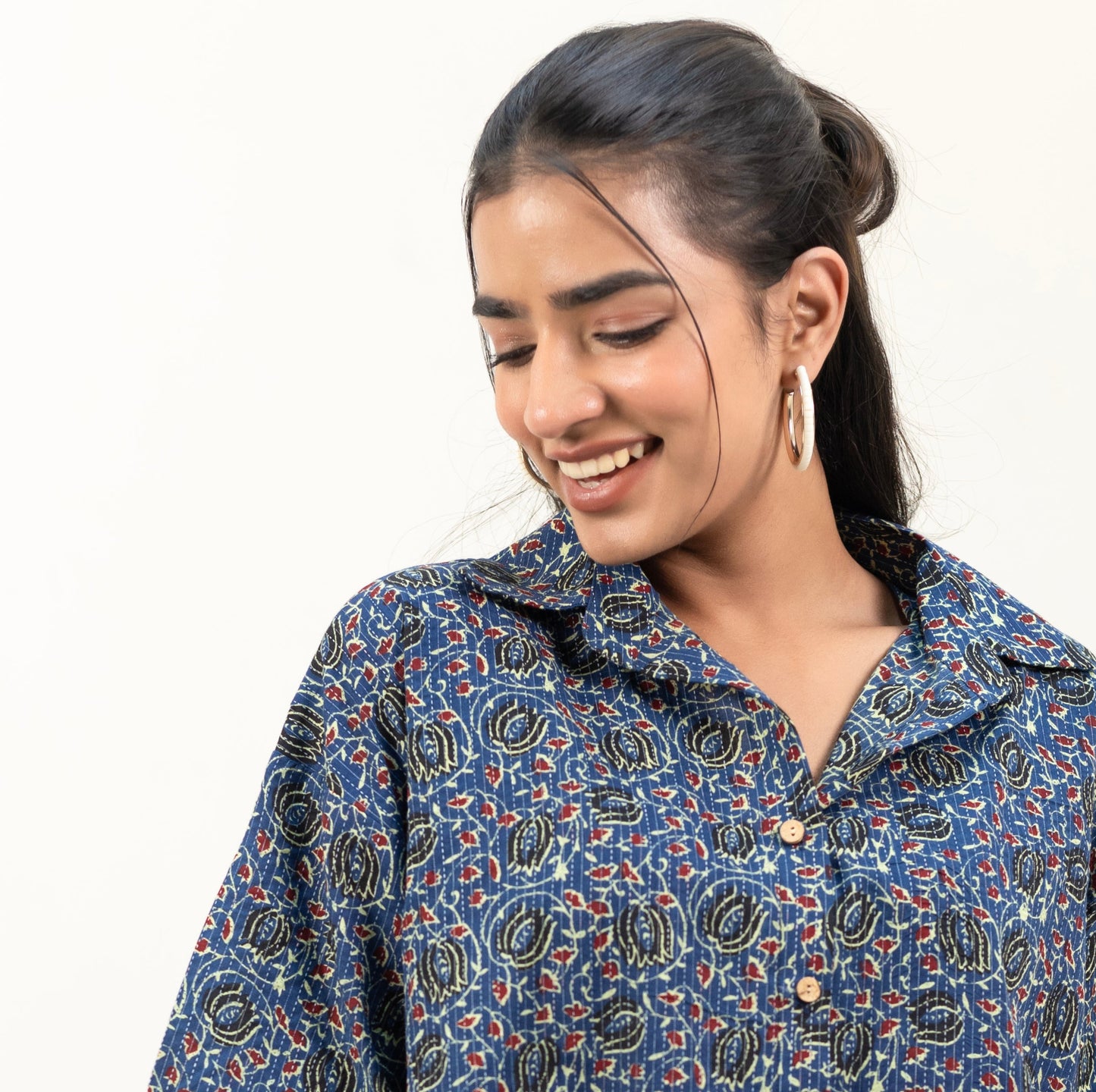 Shreeyas Cottons Oversized Shirt in Indigo Ajrakh Kantha