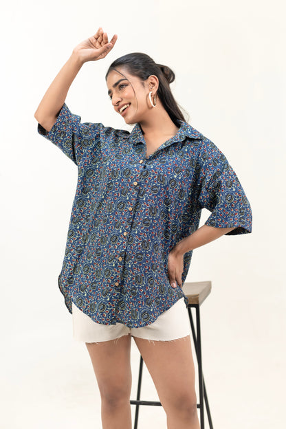 Shreeyas Cottons Oversized Shirt in Indigo Ajrakh Kantha