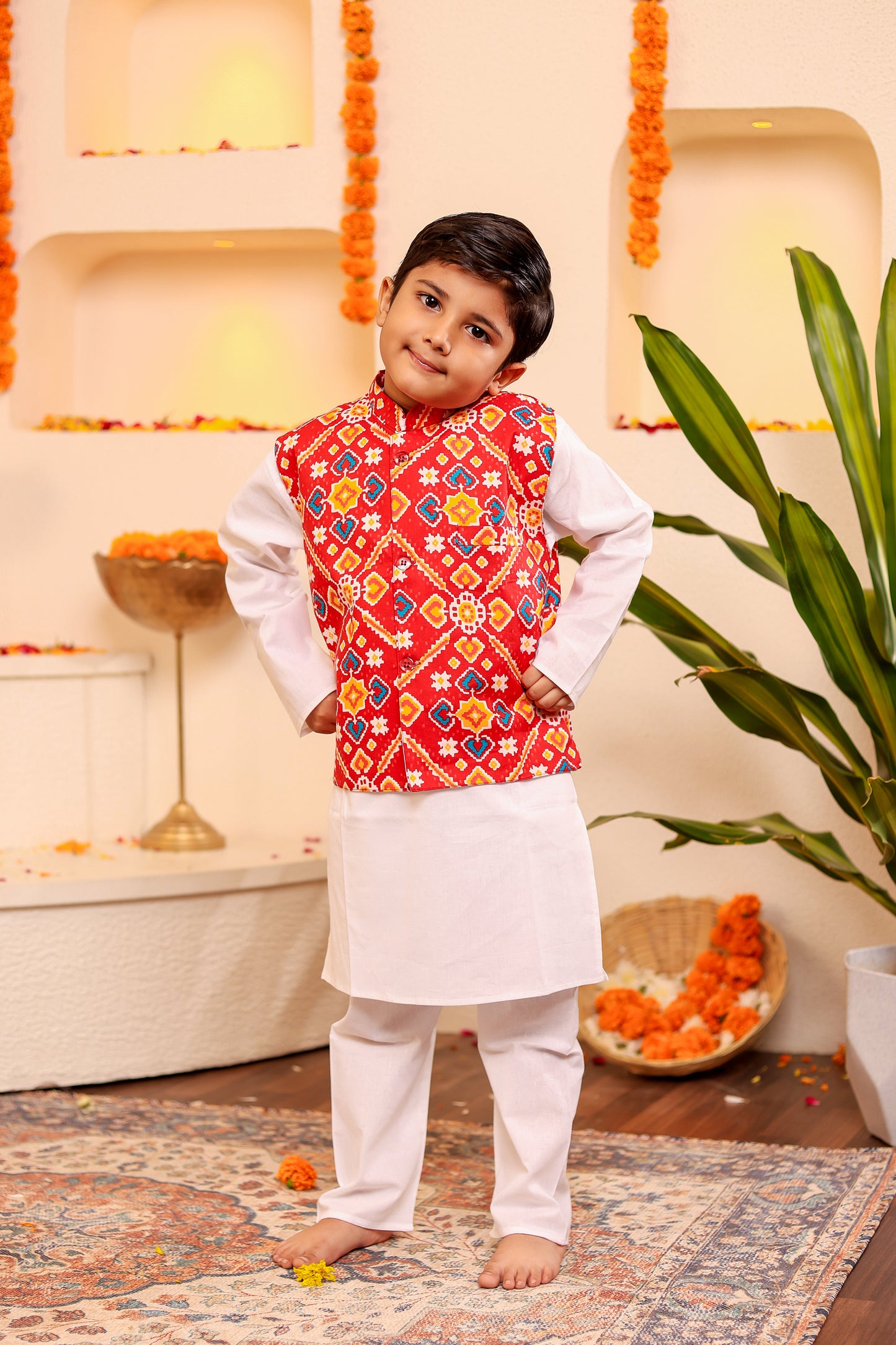 Stylish Boys' White Kurta Pyjama with Red Kothi/Jacket (0-8 Years)