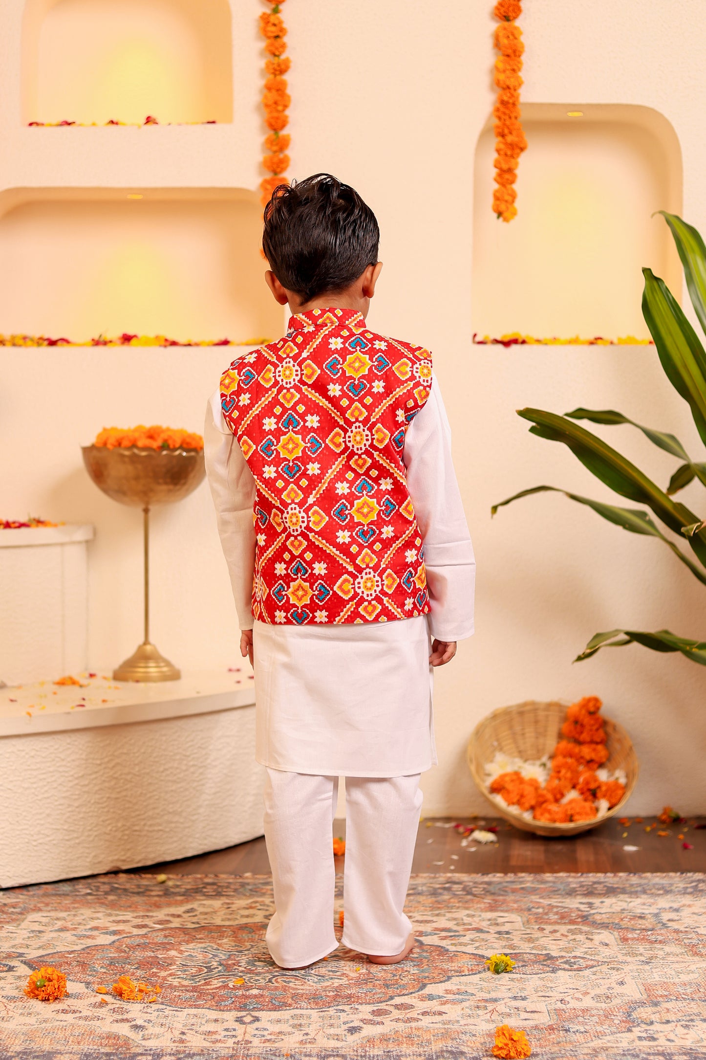 Stylish Boys' White Kurta Pyjama with Red Kothi/Jacket (0-8 Years)