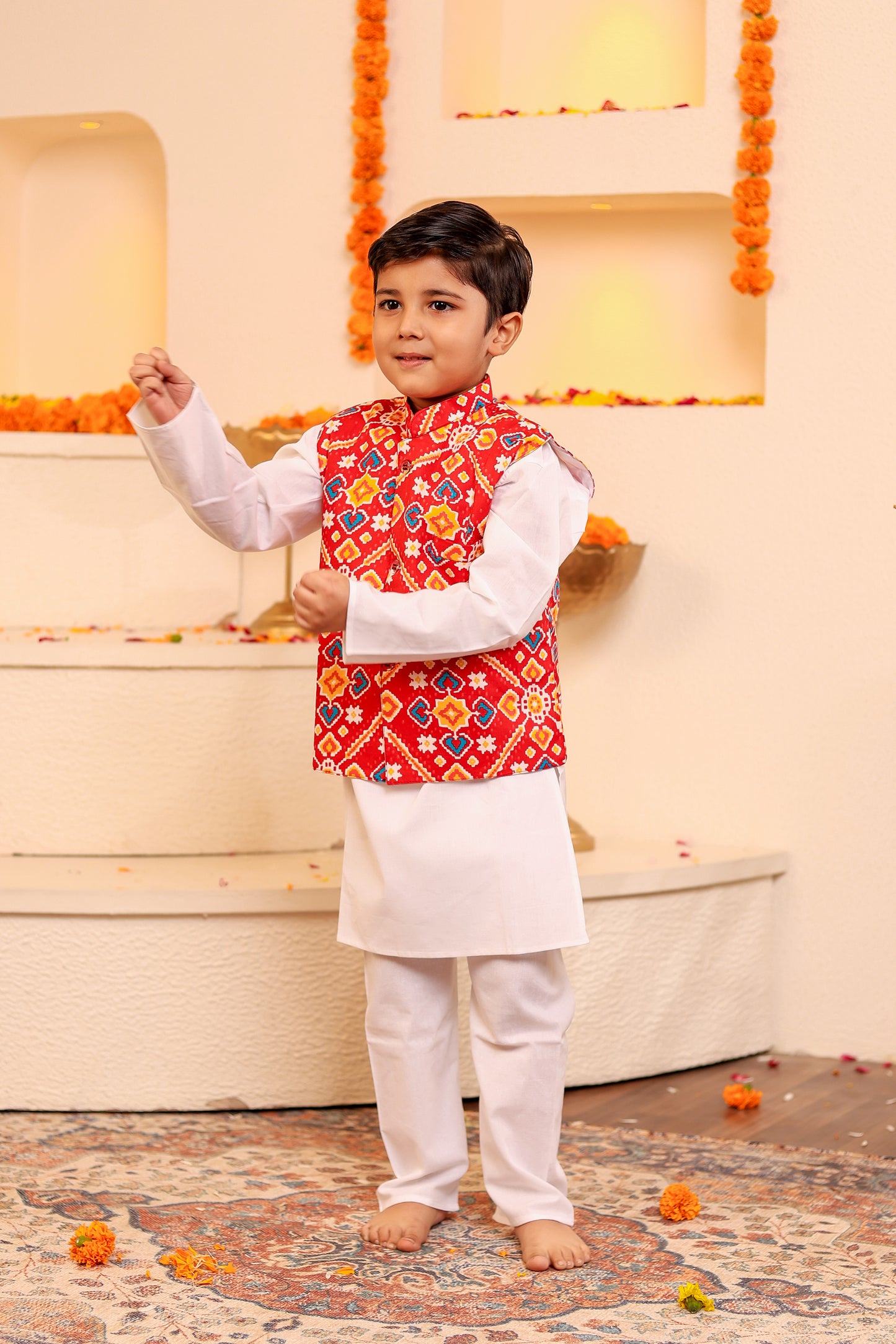 Stylish Boys' White Kurta Pyjama with Red Kothi/Jacket (0-8 Years)