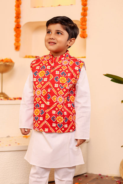 Stylish Boys' White Kurta Pyjama with Red Kothi/Jacket (0-8 Years)