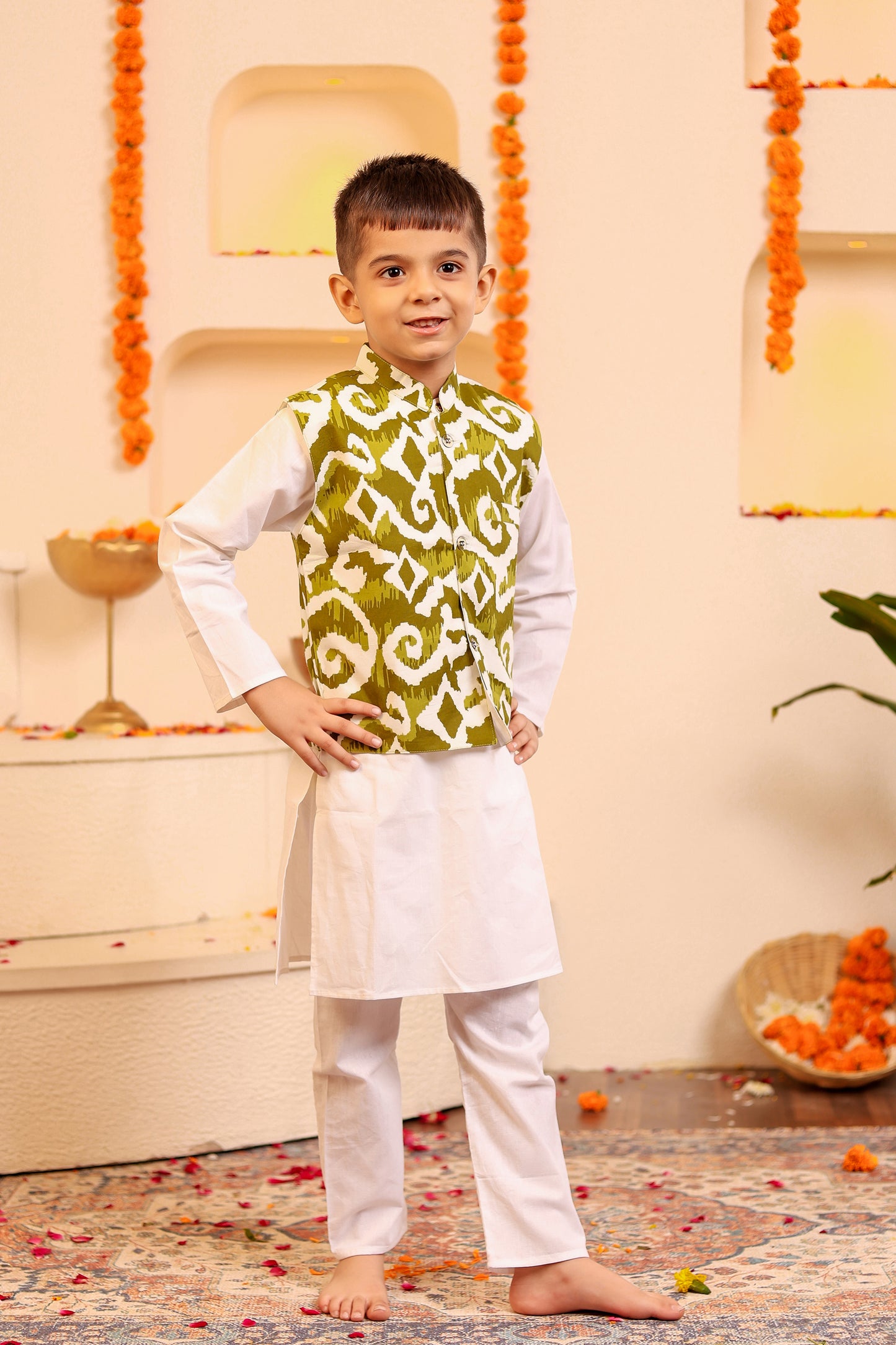 Stylish Boys' White Kurta Pyjama with Mehendi Green Kothi/Jacket - 3pc set (0-8 Years)