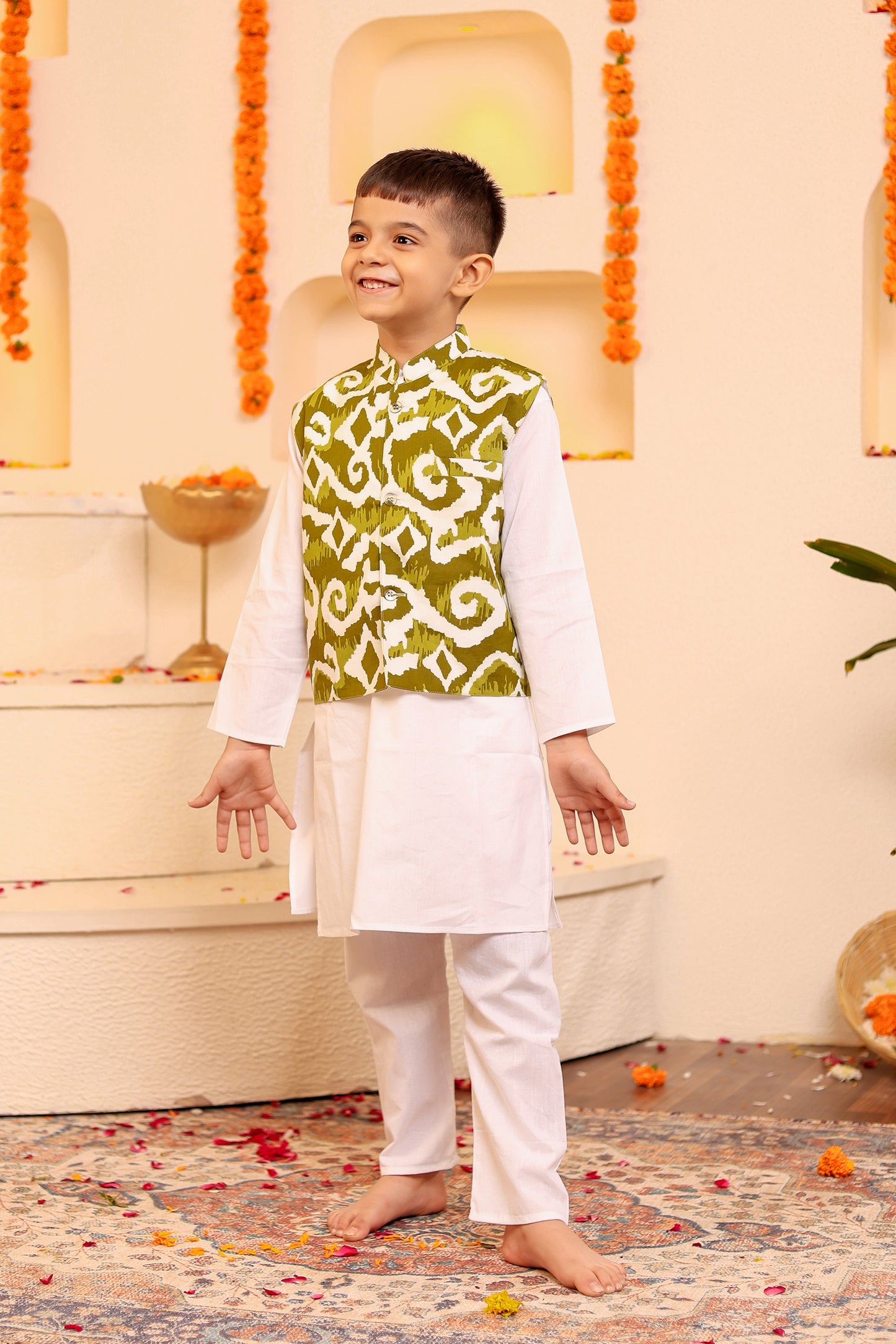 Stylish Boys' White Kurta Pyjama with Mehendi Green Kothi/Jacket - 3pc set (0-8 Years)