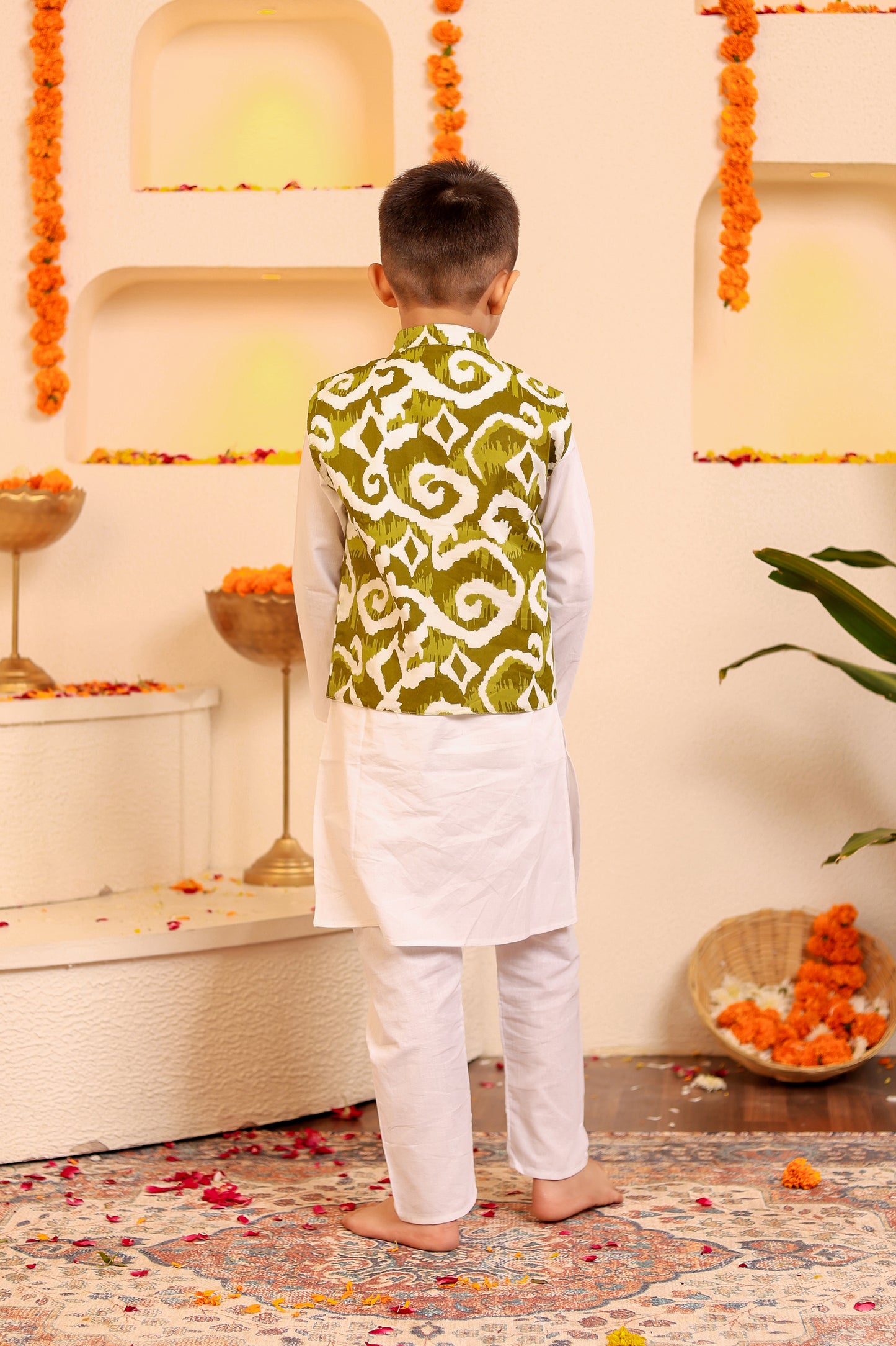 Stylish Boys' White Kurta Pyjama with Mehendi Green Kothi/Jacket - 3pc set (0-8 Years)